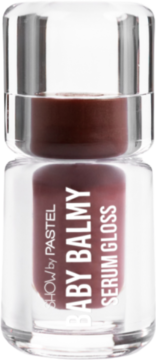 Pastel Baby Balmy Serum Gloss 39 Haunted, pionowy, hybrydowy błyszczyk-serum do ust, przezroczysta butelka, ciemny brąz.