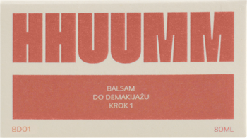 HHUUMM Balsam do Demakijażu Krok 1, kremowa etykieta z czerwono-pomarańczowym nadrukiem, widok z przodu.