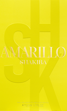 Żółte pudełko perfum Amarillo Shakira 50 ml, z wytłoczonymi literami CHSK i złotym napisem.