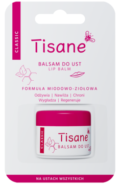 Tisane Classic balsam do ust miodowo-ziołowy, biały blister z różowymi paskami i widocznym słoiczkiem z przodu.