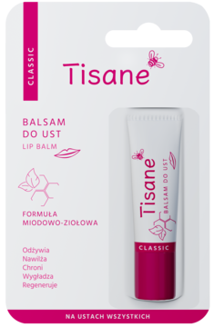 Tisane Classic lip balm w biało-różowej saszetce z tubką, formuła miodowo-ziołowa do odżywiania i ochrony ust.