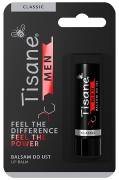 Tisane MEN Classic miodowy balsam do ust, czarny blister, widok z przodu. Widoczny sztyft.