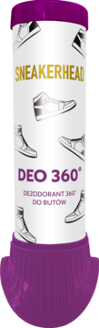 Biały cylindryczny dezodorant do butów SNEAKERHEAD DEO 360° z fioletowymi końcówkami i złotym napisem.