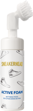 Biała butelka Sneakerhead Active Foam do czyszczenia butów z aplikatorem szczotkowym, front, grafika sneakersów.