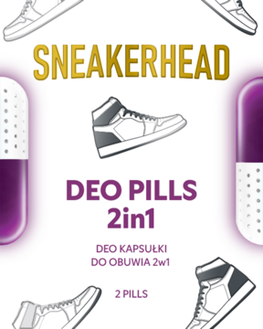Pionowy obraz reklamowy Sneakerhead Deo Pills 2w1 do obuwia: fioletowo-białe kapsułki, złoty napis, białe sneakersy.