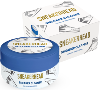 Biały pojemnik SNEAKERHEAD Sneaker Cleaner z niebieskim wieczkiem i białe pudełko z grafiką butów, widok pod kątem.