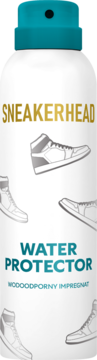 SNEAKERHEAD Water Protector, biały spray-impregnat do butów z tealową nakrętką, widok z przodu, zarys sneakersów.
