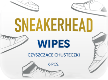 Białe opakowanie Sneakerhead Wipes, 6 szt. chusteczek czyszczących do obuwia, z napisem i rysunkami sneakersów.