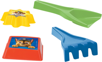 Paw Patrol zestaw do piasku: zielona łopatka, niebieskie grabki, żółta i czerwona foremka z Chase'em.