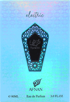Afnan Electric Eau de Parfum 90ml, frontowe ujęcie błękitnego opakowania z holograficznym wzorem i czarnym emblematem.