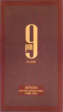 Ciemnobordowe pudełko Afnan 9 PM Elixir parfum intense 100ml, ze złotym napisem 9 PM i pionowymi paskami.