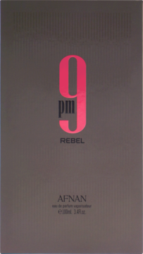 Afnan 9 PM Rebel perfumowana woda w szaro-brązowym pudełku, z dużą różową cyfrą '9' i czarnym napisem. Widok z przodu.