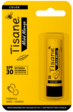 Tisane Miód Mango balsam do ust SPF 30 w żółto-czarnym opakowaniu typu blister, widok z przodu.