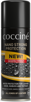 Czarny spray cocciné Nano Strong Protection, impregnat do skóry i tekstyliów, widok z przodu, krople wody, NEW!