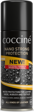 Czarna puszka Coccine Nano Strong Protection spray do impregnacji skór i tekstyliów, z efektem kropli wody.