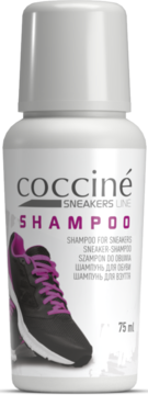 Szampon Coccine Sneakers Line 75ml w białej butelce, z nadrukiem czarnego buta z różowymi sznurówkami, widok z przodu.