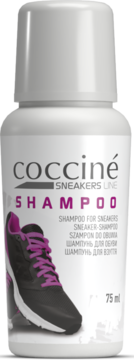 Biały Coccine Sneakers Line Shampoo 75ml, butelka z etykietą przedstawiającą czarnego sneakersa z fioletowymi sznurówkami.