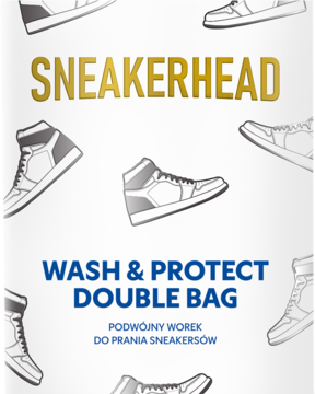 Grafika reklamowa: złoty napis SNEAKERHEAD, szare sylwetki sneakersów, niebieski tekst WASH & PROTECT DOUBLE BAG.