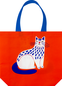 Torba na zakupy marki Eloy, pomarańczowa z grafiką śpiącego białego kota w niebieskie cętki. Widok z przodu.