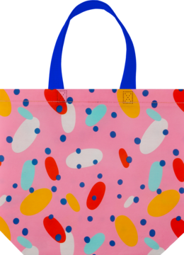 ELOY TORBA PP FERIE 34x25x10, różowa z polipropylenu, barwny wzór owali i kropek, niebieski uchwyt.
