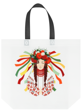 Biała torba ELOY z ilustracją kobiety w ukraińskim stroju ludowym, w kwiecistej koronie i wstążkach.