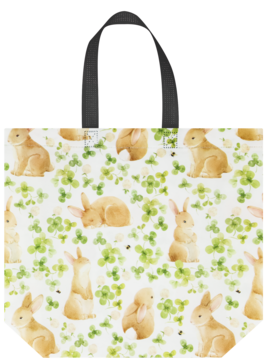 Torba PP Eloy Wiosna z nadrukiem beżowych królików i zielonych koniczynek, widok frontalny, uchwyty czarne.
