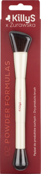 KillyS x Żurawska 02 dwustronny pędzel do pudru, kremowy uchwyt, ciemne włosie, w czerwonym opakowaniu, widok z przodu.