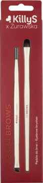KillyS x Żurawska Brows: czerwone opakowanie, dwa beżowe pędzle do brwi – ze spiralką i skośny.