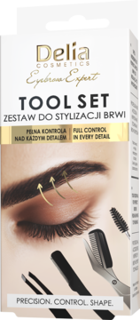 Delia Eyebrow Expert Tool Set, zestaw do stylizacji brwi. Białe opakowanie, oko, pęseta, trymer, szczoteczka.