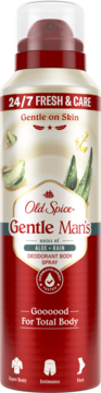 Czerwono-kremowy dezodorant Old Spice Gentle Man's Aloe+Rain w sprayu, 24/7 świeżość, widok z przodu.