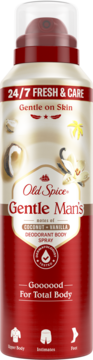 Old Spice Gentle Man’s Coconut + Vanilla dezodorant w sprayu, czerwono-beżowa butelka, Gentle on Skin, 24/7.