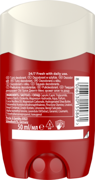 Czerwono-biały sztyft Old Spice Gentle Aloe 50ml, tył opakowania ze składem i kodem kreskowym.