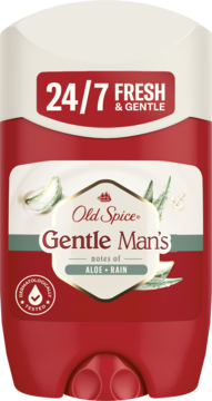 Czerwony dezodorant Old Spice Gentle Man's Aloe sztyft 50ml, z etykietą aloesu i napisem FRESH & GENTLE, widok frontalny.