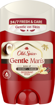 Old Spice Gentle Man's Coconut Vanilla dezodorant w sztyfcie, czerwono-białe opakowanie, widok z przodu, Gentle on Skin.