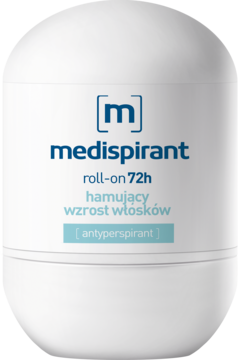 Biały roll-on Medispirant 72h, antyperspirant hamujący wzrost włosków, z niebieskim logo i napisem, widok z przodu.