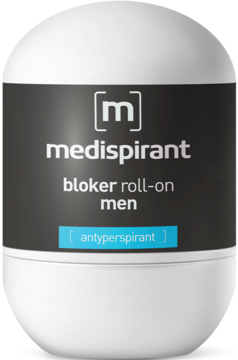 Biały, owalny Medispirant bloker roll-on men z czarną etykietą i niebieskim 'antyperspirant', widok z przodu.