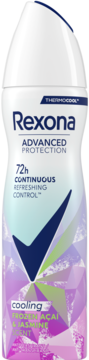 Rexona Advanced Protection Frozen Acai & Jasmine dezodorant w sprayu 72h, biało-fioletowa butelka, widok z przodu.