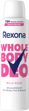 Rexona Whole Body Deo Wild Rose, biała butelka, różowe napisy, niebieski 'check', 0% aluminium, widok z przodu.