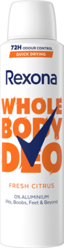 Rexona Whole Body Deo Fresh Citrus, 72h odour control, 0% aluminium, white aerosol can, front view.