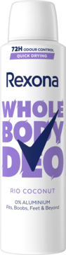 Biała butelka Rexona Whole Body Deo Rio Coconut, 72H kontrola zapachu, 0% aluminium, widok z przodu.