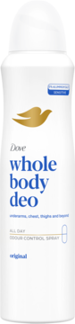 Biały dezodorant Dove Whole Body Deo Original w sprayu, widok z przodu. Na etykiecie: 0% soli aluminium.