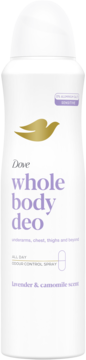 Biały spray Dove Whole Body Deo Lavender & Chamomile. Widok z przodu, złote logo ptaka i fioletowy napis.