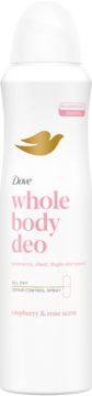 Biały dezodorant w sprayu Dove Whole Body Deo Raspberry & Rose, z różowym napisem i złotym logo, widok z przodu.