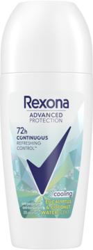 Rexona Advanced Protection 72h Cooling roll-on, eukaliptus & kokos, biała butelka z turkusową grafiką, widok z przodu.