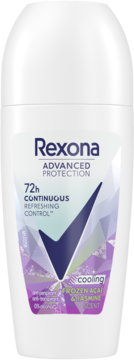 Biały roll-on Rexona Advanced Protection, przód butelki, Frozen Acai & Jasmine cooling, 72h ochrony.
