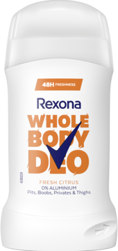 Biały sztyft Rexona Whole Body Deo Fresh Citrus 48H Freshness, z pomarańczowym napisem, widok z przodu.