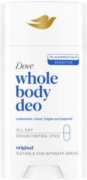 Biały sztyft Dove Whole Body Deo Sensitive, 0% aluminium, do pach i miejsc intymnych, widok z przodu.