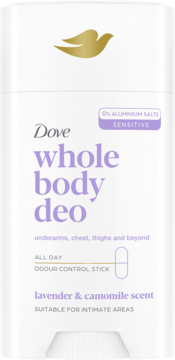 Biały sztyft Dove Whole Body Deo Lavender & Camomile Sensitive, 0% aluminium, widok z przodu.
