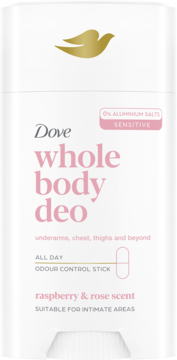 Biały, wrażliwy dezodorant Dove Whole Body Deo Raspberry & Rose w sztyfcie, bez aluminium, widok z przodu.