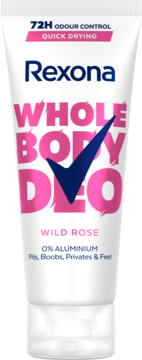 Rexona Whole Body Deo Wild Rose w białej tubce, dezodorant 0% aluminium do całego ciała, widok z przodu.